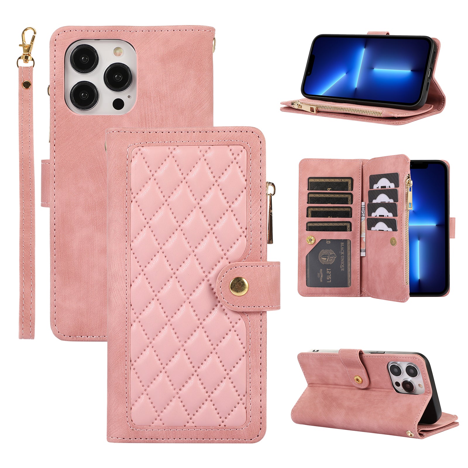 For iPhone 13 Pro Max 6.7 inch Rhombus PU Leather Case Multiple Card Slots Zipper Pocket Stand Phone Cover For iPhone 13 Pro Max 6.7 inch Rhombus PU Leather Case Multiple Card Slots Zipper Pocket Stand Phone Cover